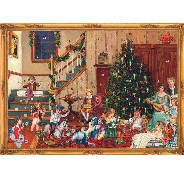 Julekort med 'Familie om juletræet' - klassisk lågekalender