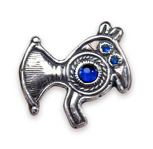 Fugleformet broche med blå glasperler - sølv