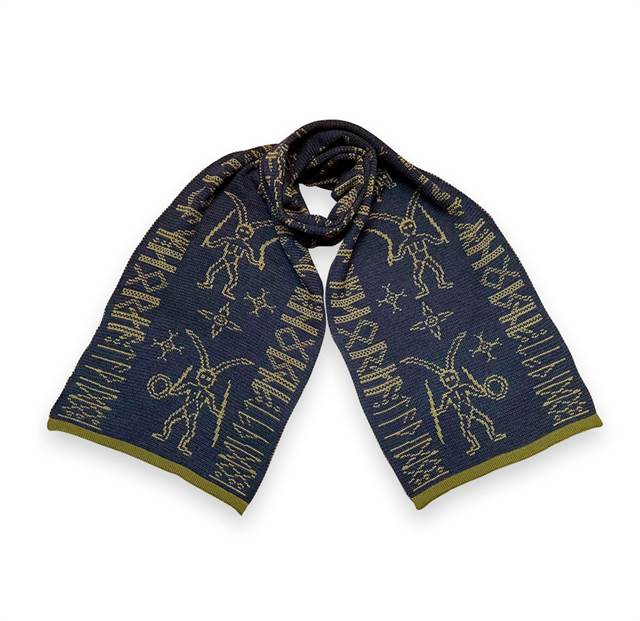 Halstørklæde med motiver fra guldhornene - koksgrå, gul og oliven