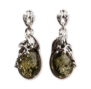 Ornamenterede ørestikker i sterling sølv med rav-ovaler - grønne