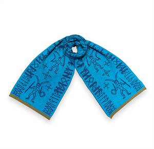Halstørklæde med motiver fra guldhornene - turkis, blå og karrygul