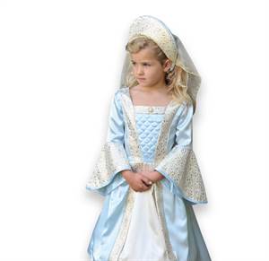 Elegant kjole fra renæssancen i hvid og lyseblå med guldbroderier 